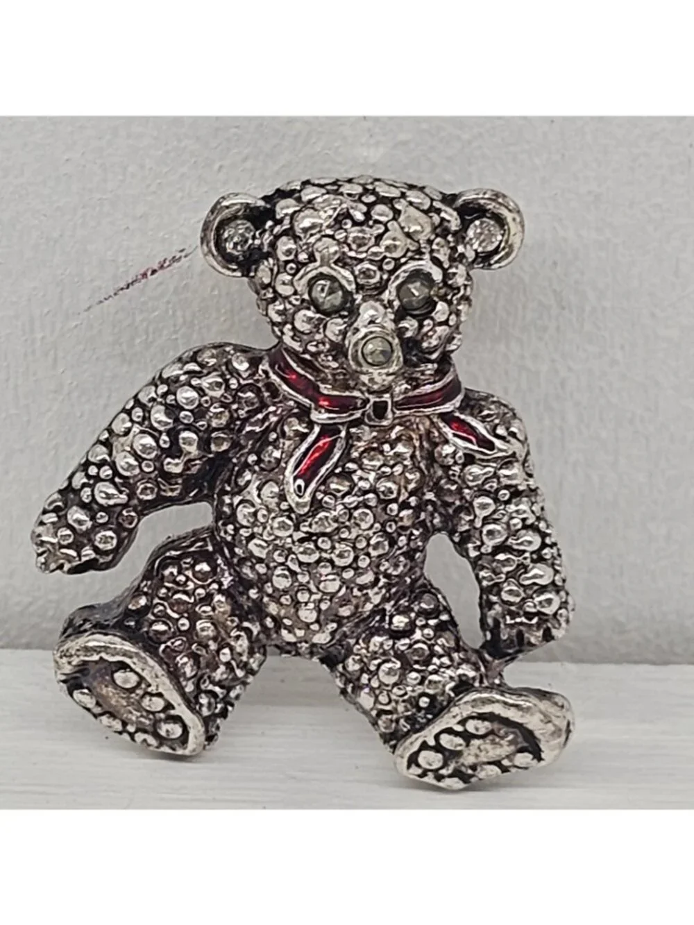 Vintage AAI Signed Teddy Bear Brooch  Textured Silver Tone Red...